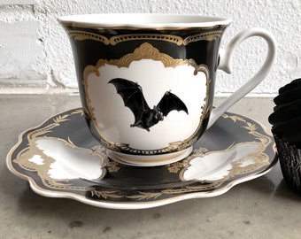 5 Colors - Gold Bat Teacup and Saucer Set, 8 Ounces, Food Safe and Durable. Vegan Bone China.