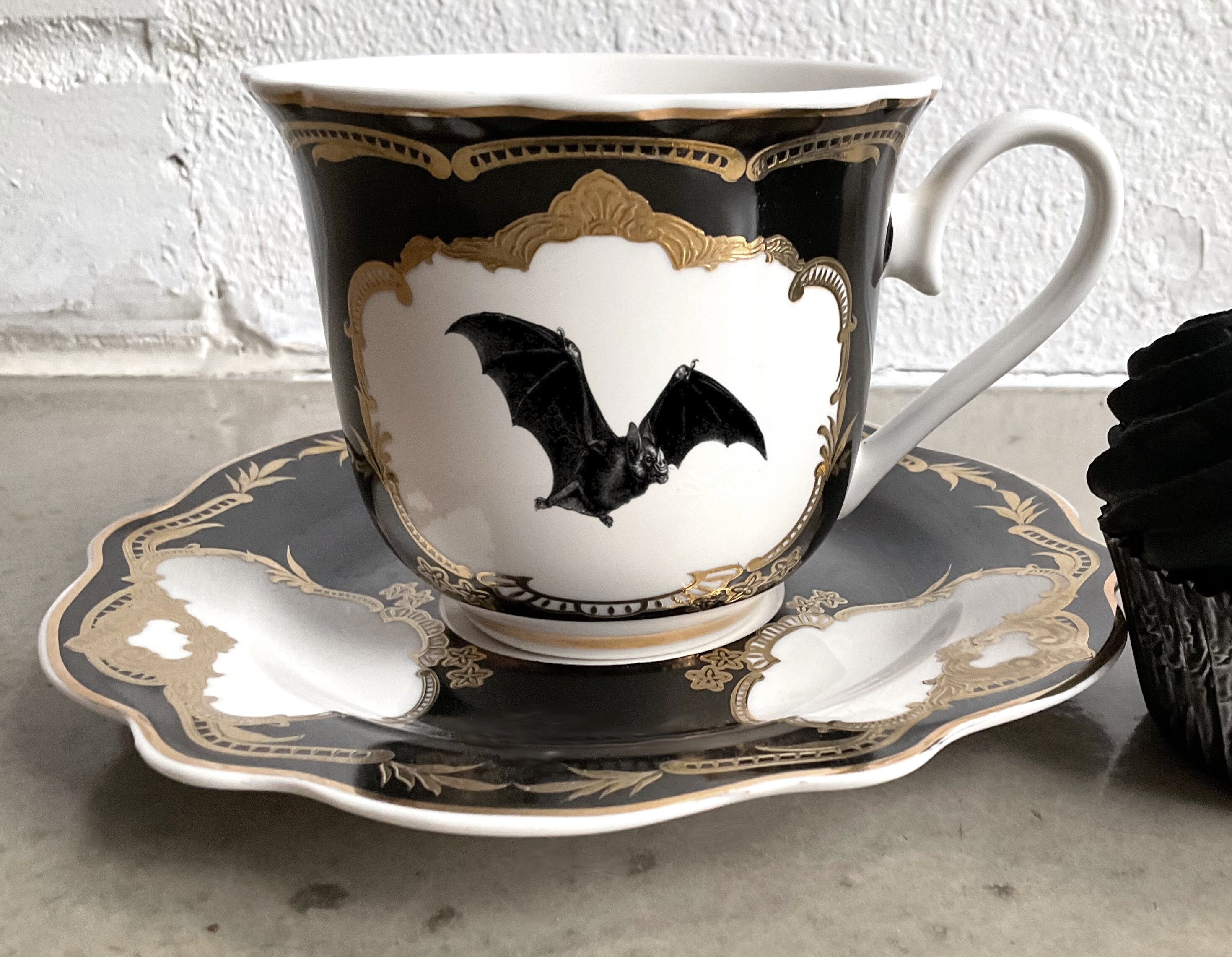 5 Colors - Gold Bat Teacup and Saucer Set, 8 Ounces, Food Safe and Durable. Vegan Bone China.