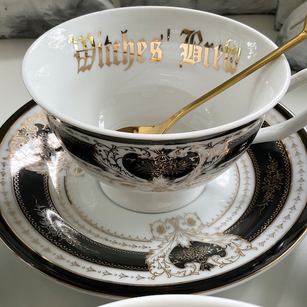 22k Gold Spooky Halloween Teacup & Saucer Set with Spoon, 8 oz. Porcelain, Food Safe.