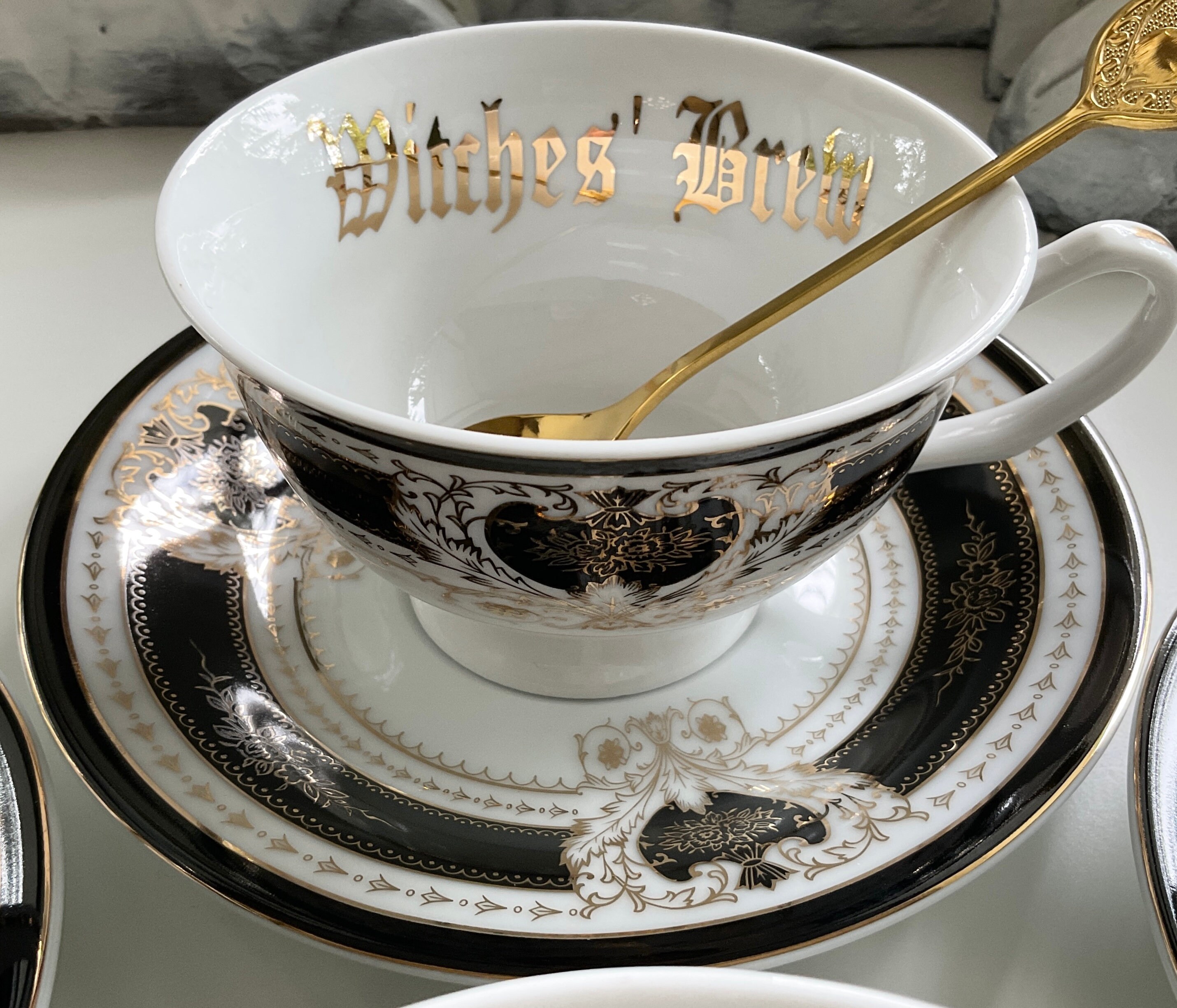 22k Gold Spooky Halloween Teacup & Saucer Set With Spoon, 8 Oz