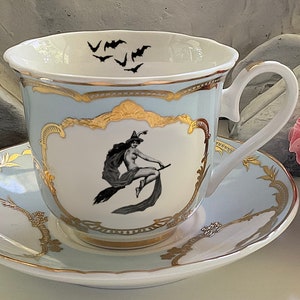 Pink or Green & Gold Witch Teacup / Halloween Teacup, 8 Ounces, Food- and Dishwasher Safe. Vegan Bone China.