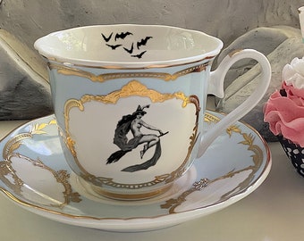 Pink or Green & Gold Witch Teacup / Halloween Teacup, 8 Ounces, Food- and Dishwasher Safe. Vegan Bone China.