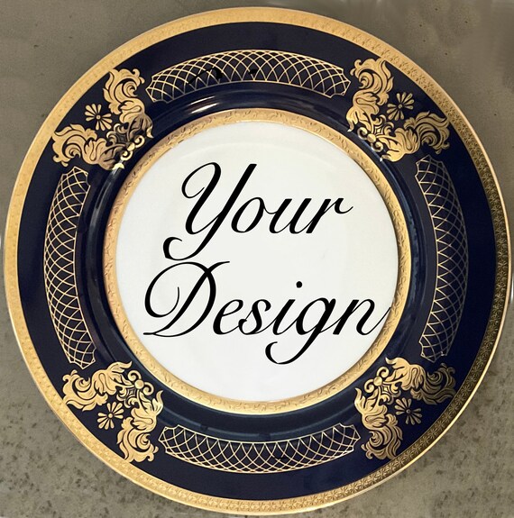 Raised Blue and Gold Custom Porcelain Plate or Cup and Saucer Set