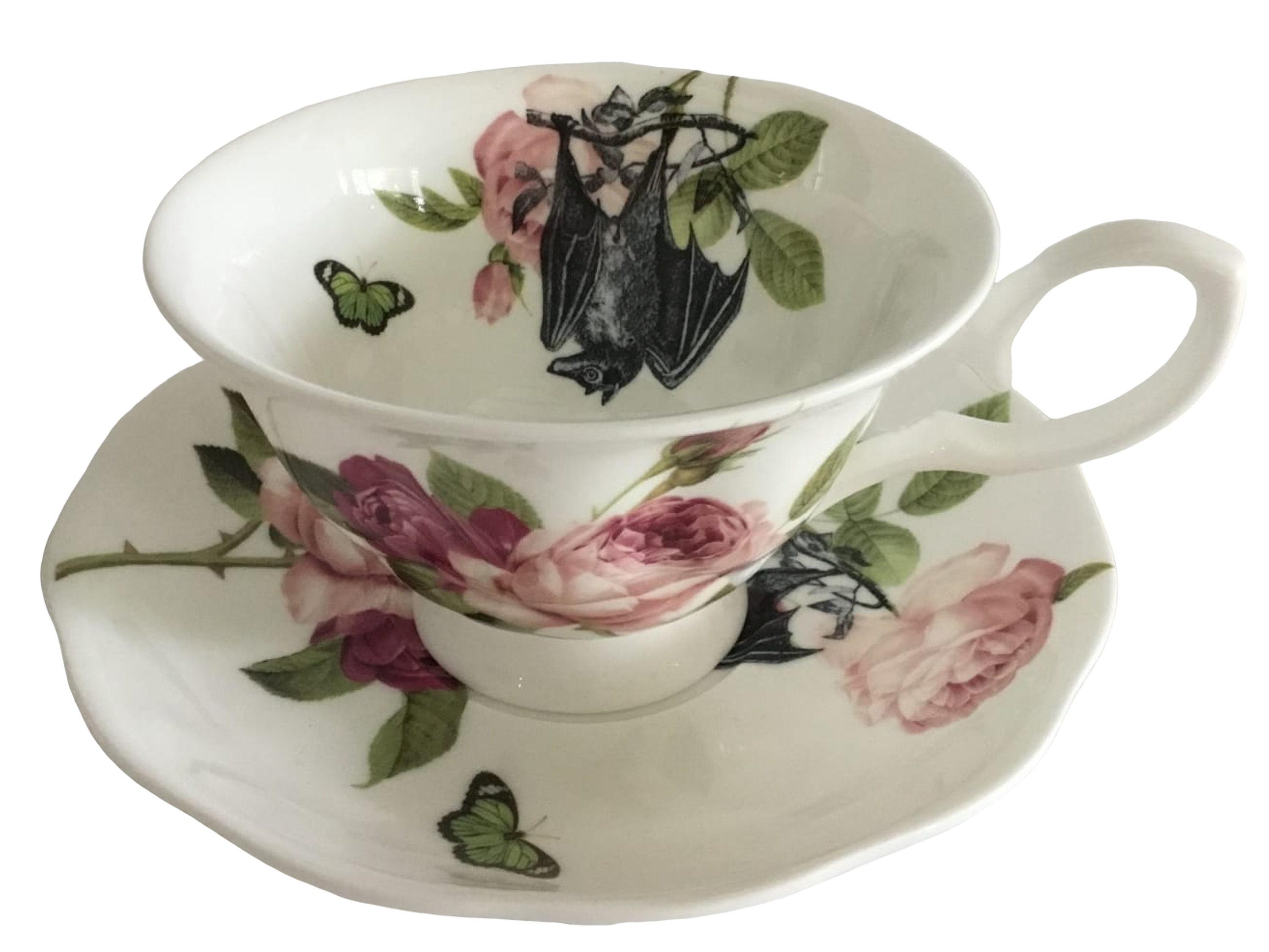 Adorable Rose / Floral Bat Teacup and Saucer Set, 8 Ounces, Food- and ...