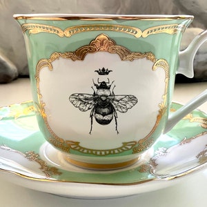 Pink, Blue, or Green & Gold Royal Bee Teacup and Saucer Set, 8 Ounces, Food Safe and Durable.