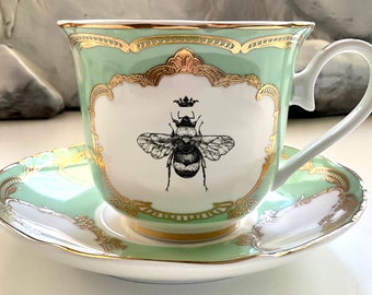 Pink, Blue, or Green & Gold Royal Bee Teacup and Saucer Set, 8 Ounces, Food Safe and Durable.