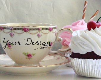 FREE SHIPPING-Green, Blue, Cream or Red Floral Custom Teacup, 8 Ounces. Food- and Dishwasher Safe.