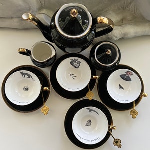 SHIPPING INCLUDED - Gorgeous Black & Gold Edgar Allan Poe Tea Set with Spoons. Now Featuring a Larger Teapot. Porcelain, Food Safe, Durable.