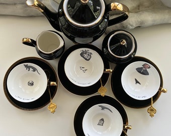 SHIPPING INCLUDED - Gorgeous Black & Gold Edgar Allan Poe Tea Set with Spoons. Now Featuring a Larger Teapot. Porcelain, Food Safe, Durable.