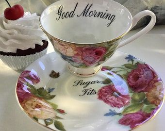 Good Morning Sugar Tits Teacup Set, Rude Teacup, Offensive Teacup, Mean Teacup, Gift Teacup, Insult Teacup, Vulgar Teacup, Snarky