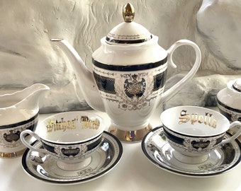 INTRODUCTORY SALE - Four cups, Teapot, Creamer, Sugar, 22k gold Gothic Tea Set