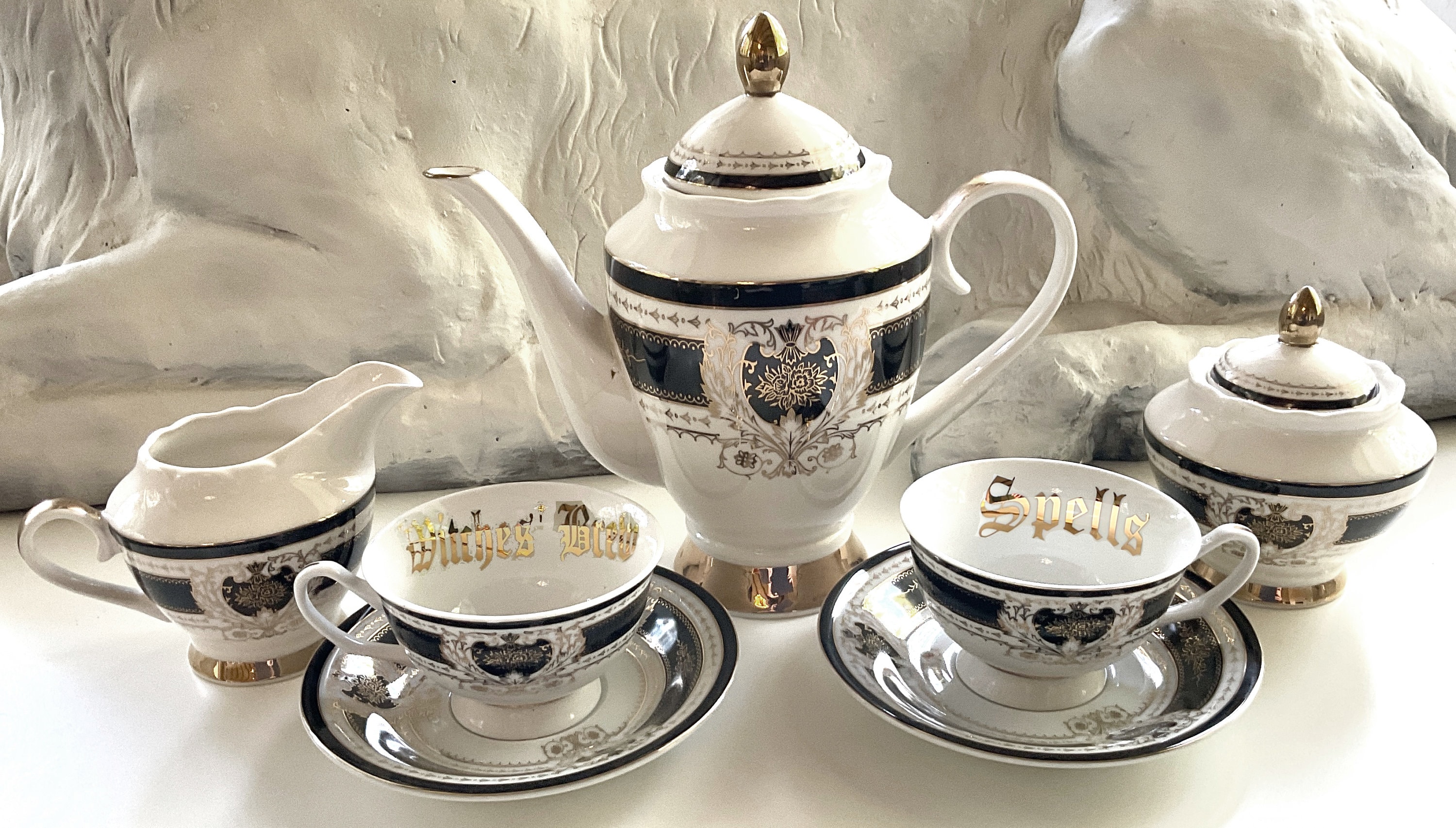 22k Gold Gothic Tea Set- Four Cups, Teapot, Creamer, Sugar