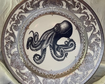 Stunning Raised Silver Octopus Plate (10.5" or 7.5") or Teacup/Saucer Set (8  oz), Durable and Foodsafe