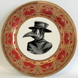 FREE SHIPPING-Encrusted Red and Raised Gold Plague Doctor Plate (10.5" or 7.5") or Cup and Saucer Set (8 oz)