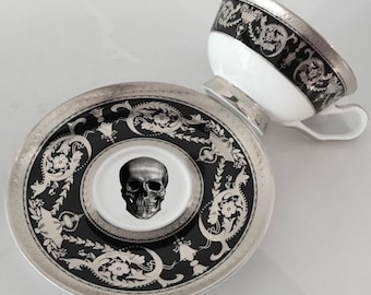 FREE SHIPPING-Stunning Raised Black and Silver Skull and Crown Plate or Teacup Set. Food- and Dishwasher Safe, Porcelain.