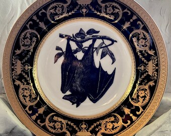 FREE SHIPPING-Stunning Black Bat Plate or Cup and Saucer Set, 8oz. Raised Gold, Food-/Dishwasher Safe Bat Plate, Halloween Plate