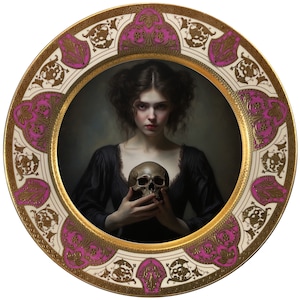 Porcelain &quot;Girl Holding Skull&quot; Dinner Plate. Food Safe and Durable.