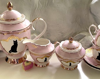 Green, Blue, or Pink Porcelain Cat Tea Set, 7 or 11 Pieces, Food Safe and Durable. Vegan Bone China.