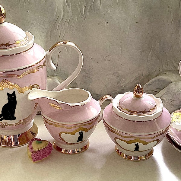 Green, Blue, or Pink Porcelain Cat Tea Set, 7 or 11 Pieces, Food Safe and Durable. Vegan Bone China.