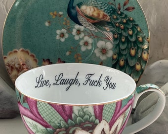 FREE SHIPPING-Gorgeous Inspirational Peacock Teacup and Saucer Set with Gold Accents. 7 Ounces, Porcelain. Foodsafe and Durable.