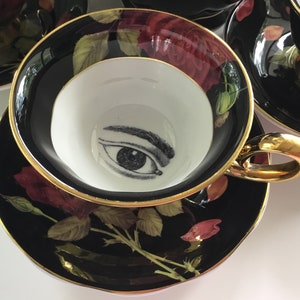 Gorgeous Black and Gold Tea Set with Black Rose Design, Bat, Cat, Crow and Eye Design, Halloween Tea Set, Porcelain. Food Safe & Durable. imagem 2