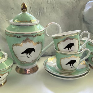 Gorgeous Raven Tea Set, Green, Blue or Pink. Food Safe and Durable. Vegan Bone China.