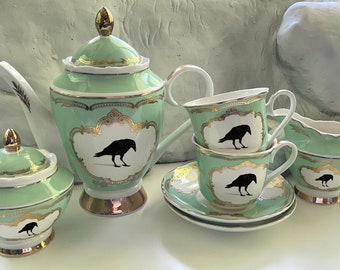 Gorgeous Raven Tea Set, Green, Blue or Pink. Food Safe and Durable. Vegan Bone China.