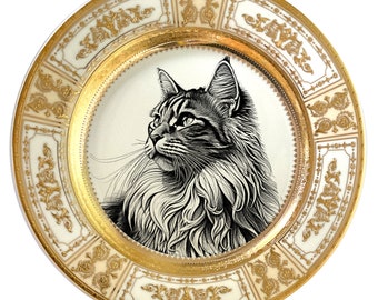 FREE SHIPPING-Gorgeous Raised Gold Cat Dinner Plate, 10.5". Porcelain, Food Safe and Durable.