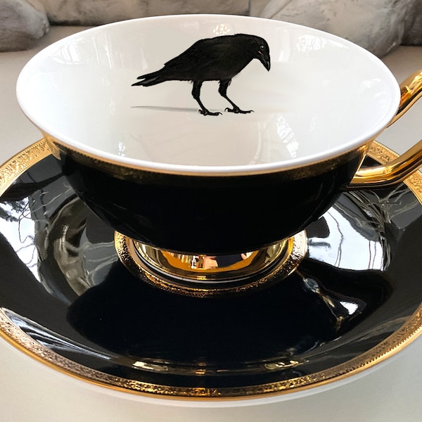 Black and Gold Porcelain Raven/Crow, Bat, Cat, or Moth Teacup and Saucer Set (8 oz), Porcelain. Food Safe and Durable