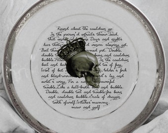 FREE SHIPPING-Beautiful Porcelain Skull Plate or Cup and Saucer Set, Durable and Food Safe. Skull on Macbeth’s Witches' Poem.