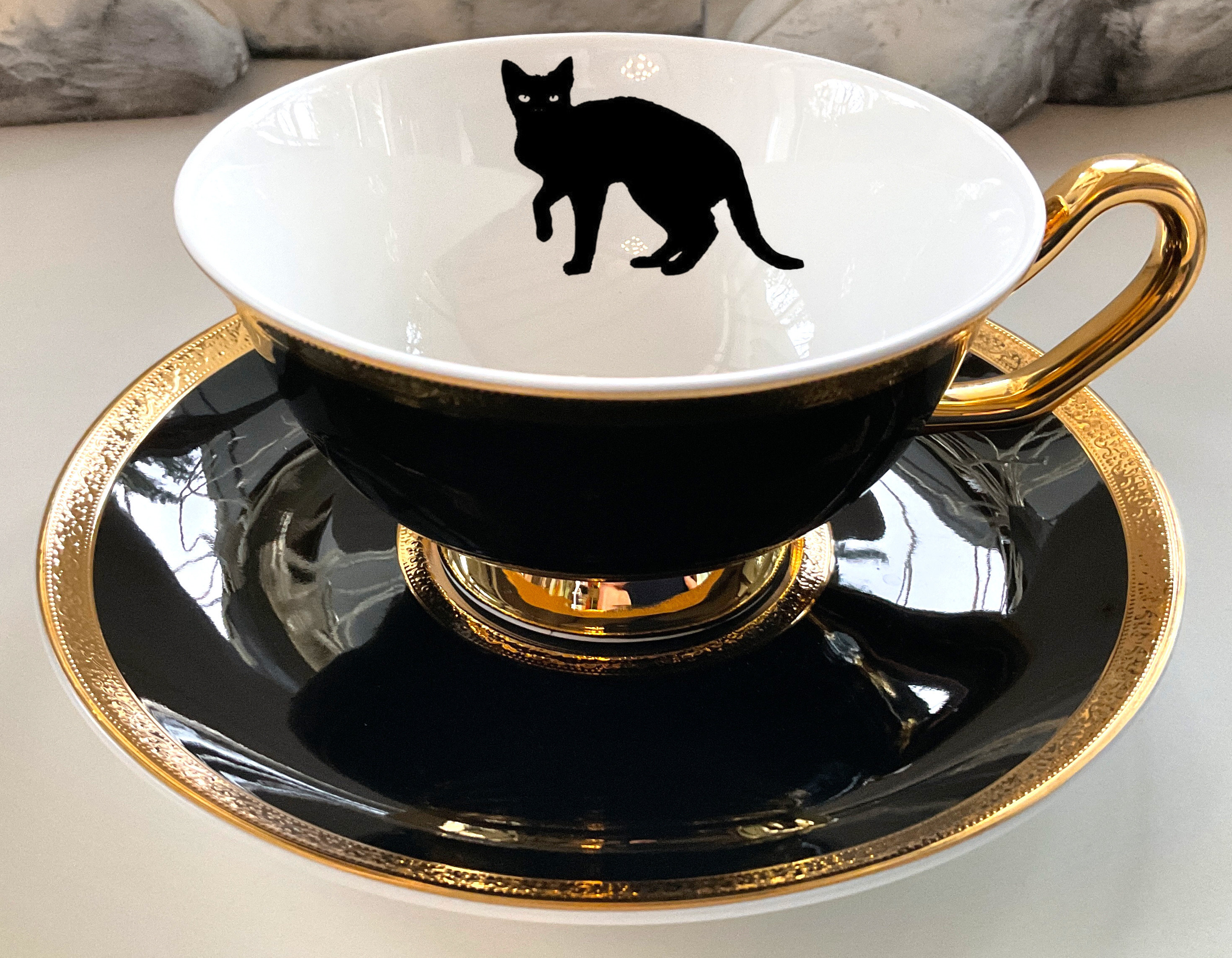 Black and Gold Porcelain Raven/crow, Bat, Cat, or Moth Teacup and