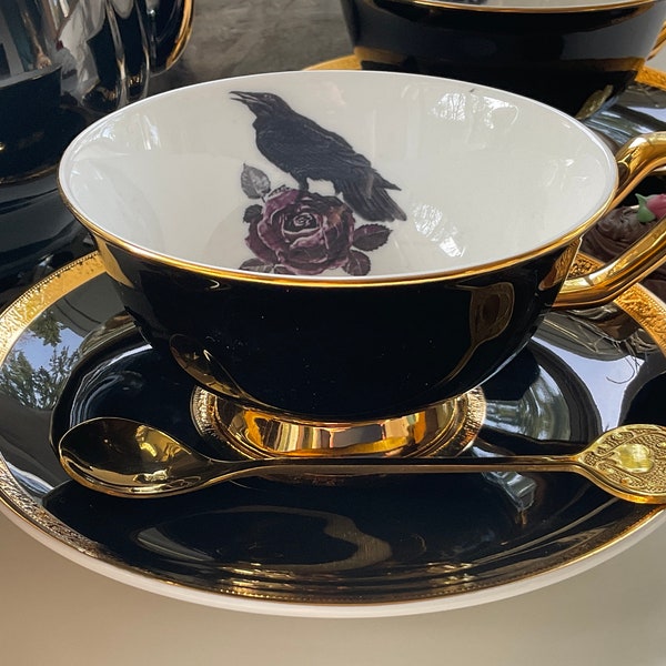 Black and Gold Porcelain Raven/Crow, Bat, Cat, or Moth on Purple Rose Teacup and Saucer Set (8 oz), Porcelain. Food Safe and Durable