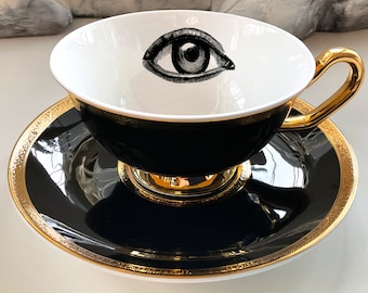 Black and Gold Porcelain Raven/Crow, Bat, Cat, or Moth Teacup and Saucer Set (8 oz), Porcelain. Food Safe and Durable