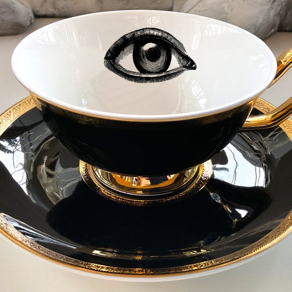 Black and Gold Porcelain Raven/Crow, Bat, Cat, or Moth Teacup and Saucer Set (8 oz), Porcelain. Food Safe and Durable