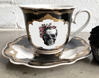 Rose Skull or Skull and Crossbones Cup and Saucer Set, 8 oz.