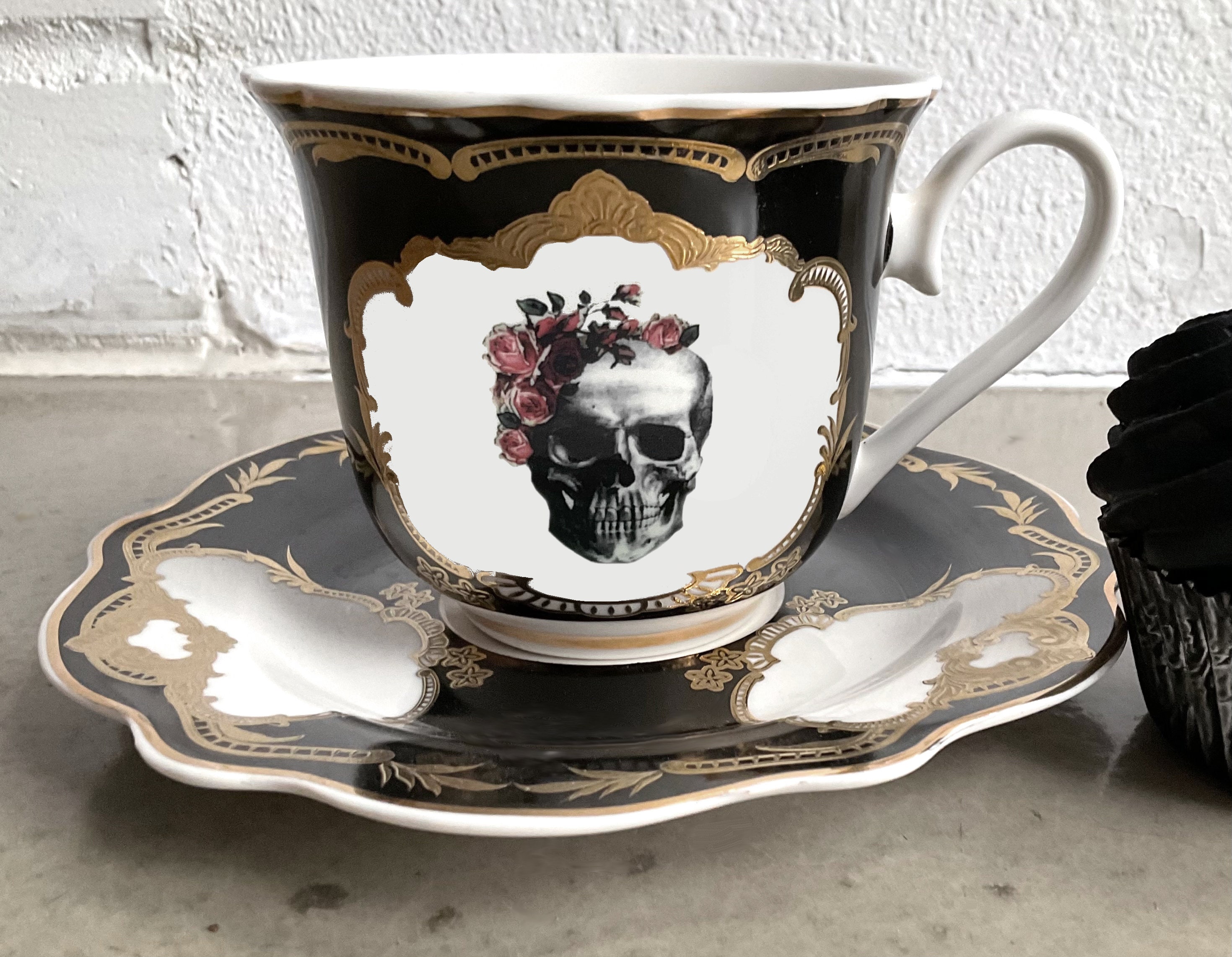 Rose Skull or Skull and Crossbones Cup and Saucer Set, 8 Oz. - Etsy
