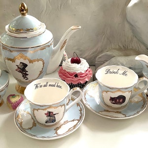 7 or 11-Piece Alice in Wonderland Tea Set. Food Safe, Vegan Bone China.