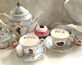 7 or 11-Piece Alice in Wonderland Tea Set. Food Safe, Vegan Bone China.