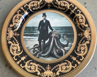 Victorian Gentleman with Octopus Plate or cup and Saucer Set. Made of Porcelain, Food- and Dishwasher Safe.