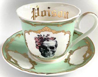 Green, Pink, or Blue 8-Ounce 22k Gold “Poison” Skull Teacup/Saucer Set, Food Safe, Durable, Vegan Bone China