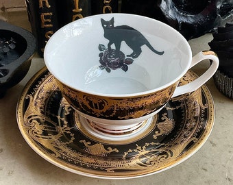 Black Cat Teacup and Saucer Set, Raised Gold, Porcelain. Food Safe and Durable, 8 Ounces.