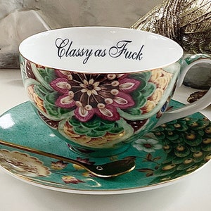 Peacocks! 10 oz "Classy AF" Teacup/Latte and Saucer Set with Spoon. Porcelain, Food Safe and Durable.