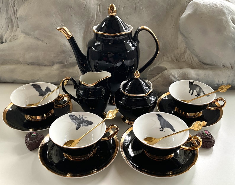 Black & Gold Halloween Tea Set in Our Signature Spooky Design. Etsy