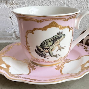 Blue, Green or Pink and Gold Frog Prince Teacup & Saucer Set, 8 Ounces