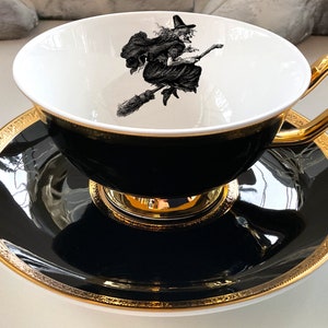 Black "Night Flight" Witch Tea Cup and Saucer Set, 8 Ounces, Food Safe and Durable, Porcelain.