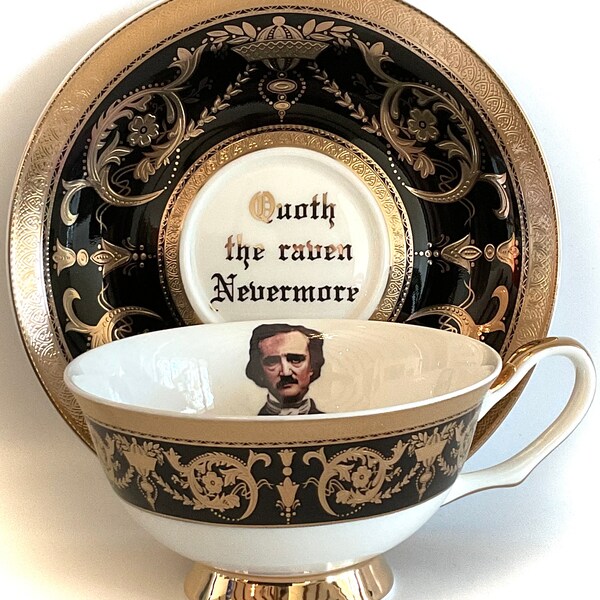 Black and Gold Edgar Allan Poe Teacup and Saucer Set, 7 Ounces.