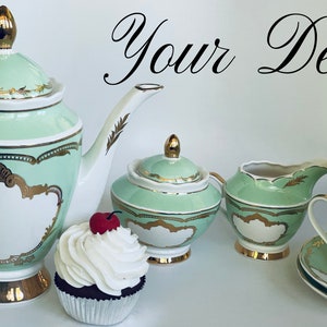 YOUR DESIGN - Beautiful Green, Pink or Blue Custom Tea Set, 7 or 11 Pieces. Foodsafe and Extremely Durable.