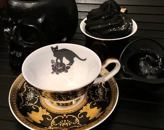 Black and Gold Porcelain Bat, Cat, Moth or Crow Teacup and Saucer Set, 7 oz