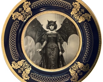 Gorgeous Bat Lady Dinner Plate with Raised Gold, 10.5". Food Safe, Porcelain.