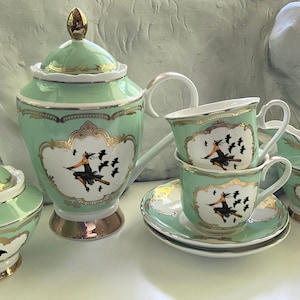 Green, Pink or Blue Porcelain Witch Tea Set, 7 or 11 Pieces. Food Safe and Durable.